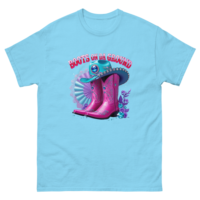 Boots on Da Ground Tee – Hot Pink with Fan Detail Women Tees Style Junction – Custom Digital Designs & Apparel Sky S