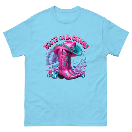 Bold Cowgirl Tee – Aqua Hat & Pink Boots Combo Women Tees Style Junction – Custom Digital Designs & Apparel Sky S