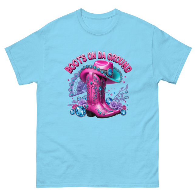 Bold Cowgirl Tee – Aqua Hat & Pink Boots Combo Women Tees Style Junction – Custom Digital Designs & Apparel Sky S