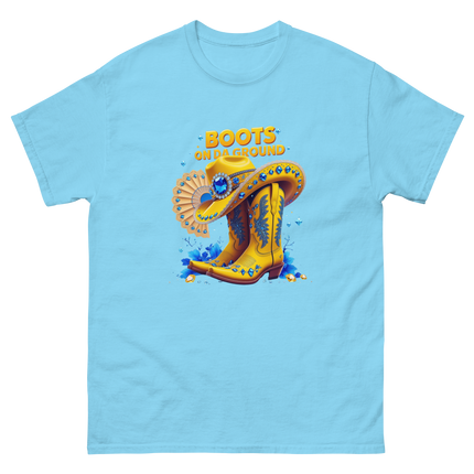 Bold Western Bling Tee – Yellow Boots & Hat Look Women Tees Style Junction – Custom Digital Designs & Apparel Sky S