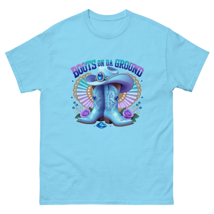 Western Shine Tee – Boots on Da Ground in Cool Blue Women Tees Style Junction – Custom Digital Designs & Apparel Sky S