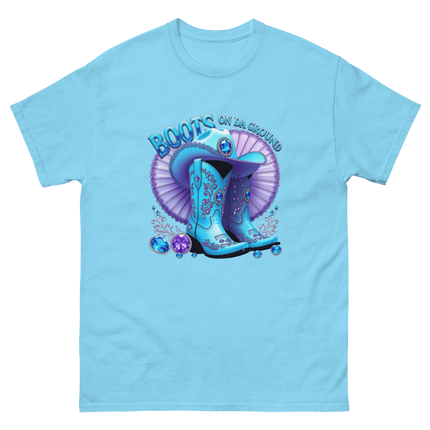 Sparkling Cowgirl Tee – Lavender Fan & Blue Boot Look Women Tees Style Junction – Custom Digital Designs & Apparel Sky S