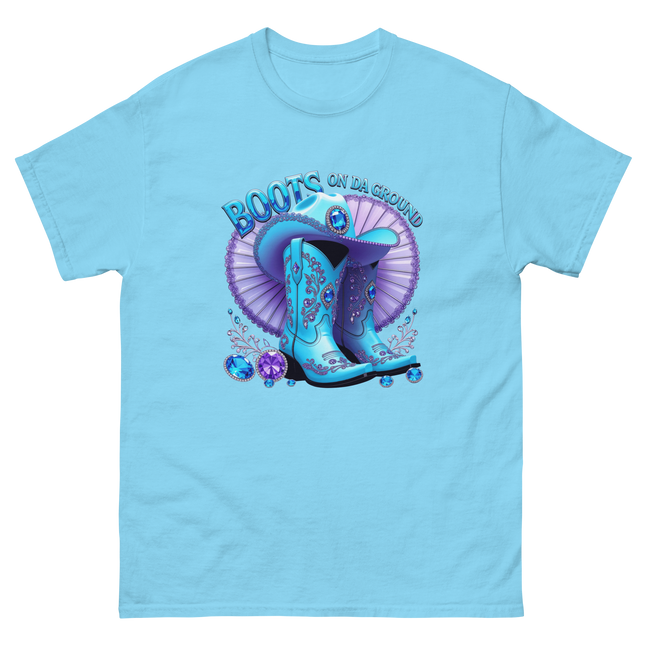 Sparkling Cowgirl Tee – Lavender Fan & Blue Boot Look Women Tees Style Junction – Custom Digital Designs & Apparel Sky S