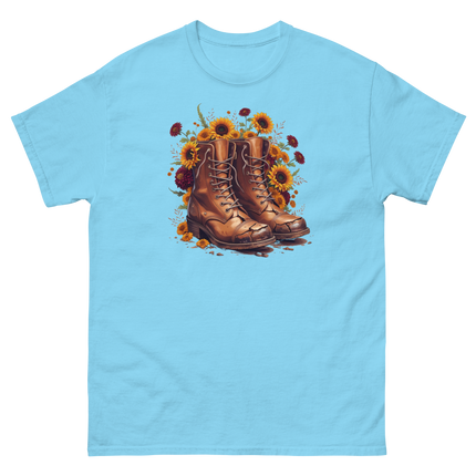 Rustic Fall Combat Boots with Sunflowers Graphic Tee #1 Women Tees Style Junction – Custom Digital Designs & Apparel