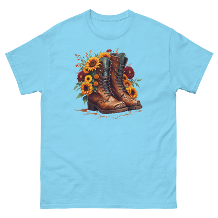 Rustic Fall Combat Boots with Sunflowers Graphic Tee #2 Women Tees Style Junction – Custom Digital Designs & Apparel