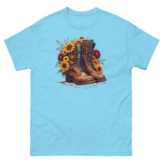 Rustic Fall Combat Boots with Sunflowers Graphic Tee #2 Women Tees Style Junction – Custom Digital Designs & Apparel