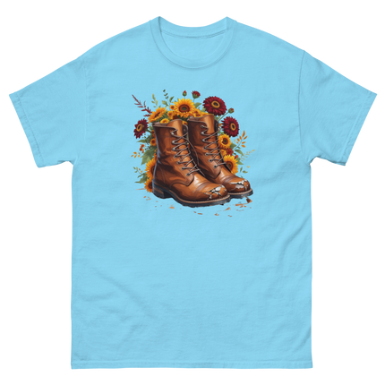 Rustic Fall Combat Boots with Sunflowers Graphic Tee #3 Women Tees Style Junction – Custom Digital Designs & Apparel