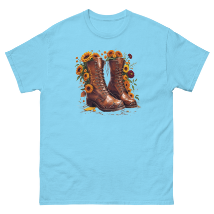 Rustic Fall Combat Boots with Sunflowers Graphic Tee #4 Women Tees Style Junction – Custom Digital Designs & Apparel