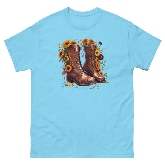 Rustic Fall Combat Boots with Sunflowers Graphic Tee #4 Women Tees Style Junction – Custom Digital Designs & Apparel