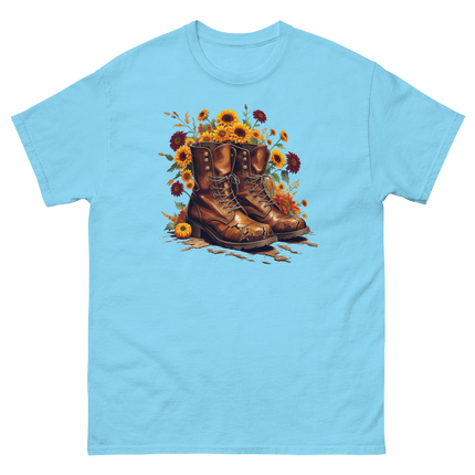 Rustic Fall Combat Boots with Sunflowers Graphic Tee #5 Women Tees Style Junction – Custom Digital Designs & Apparel