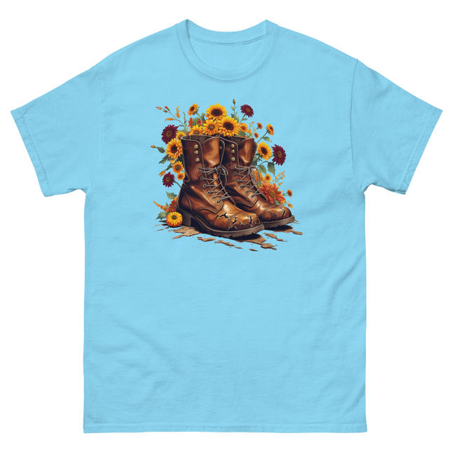 Rustic Fall Combat Boots with Sunflowers Graphic Tee #5 Women Tees Style Junction – Custom Digital Designs & Apparel