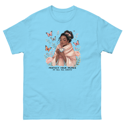 Protect Your Peace Tee – Floral Afro Soft Aesthetic Design #2 Women Tees Style Junction – Custom Digital Designs & Apparel Sky S