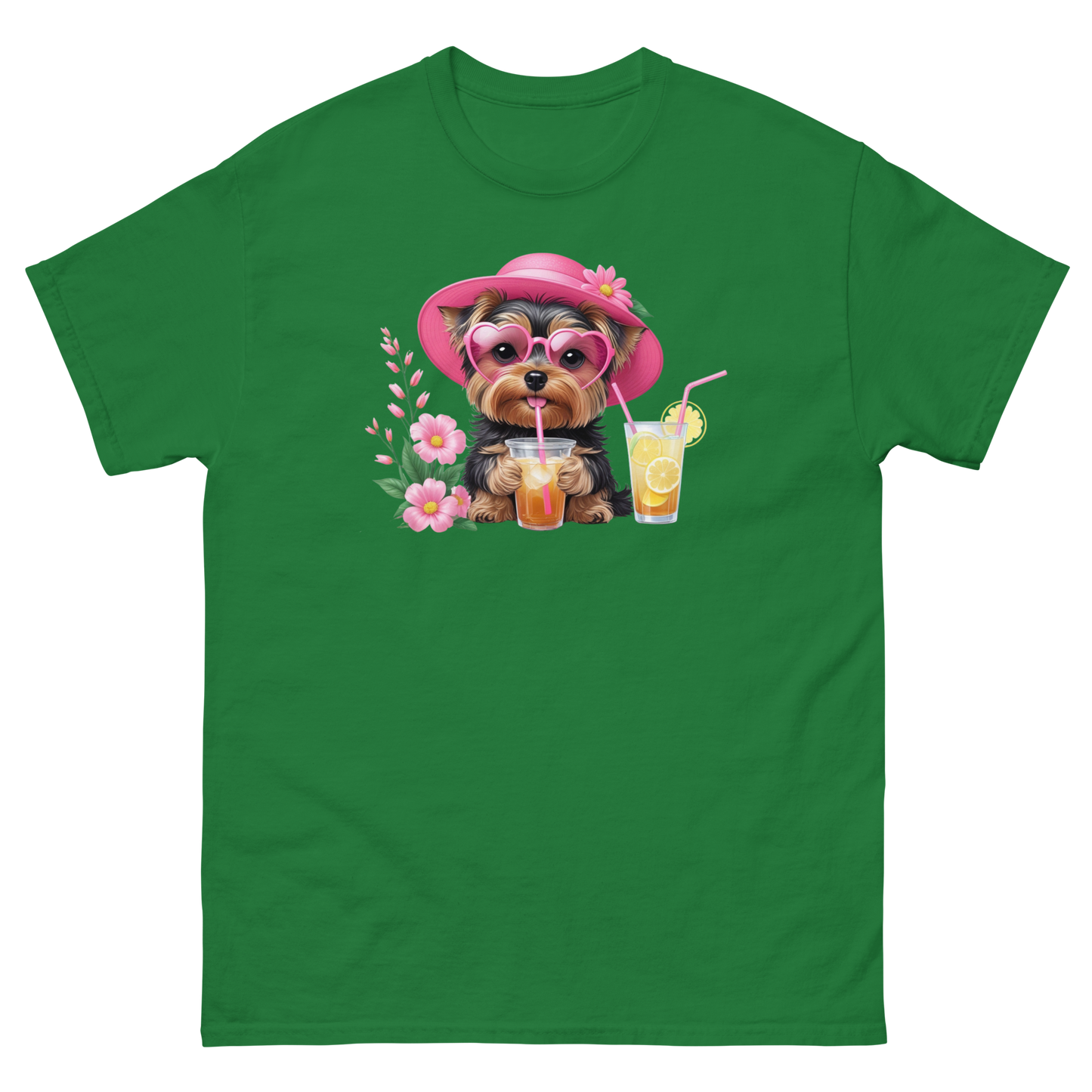 Yorkie Dog #1 Iced Tea Graphic Tee – Floral Summer PNG Print Shirt Women Tees Style Junction – Custom Digital Designs Turf Green S