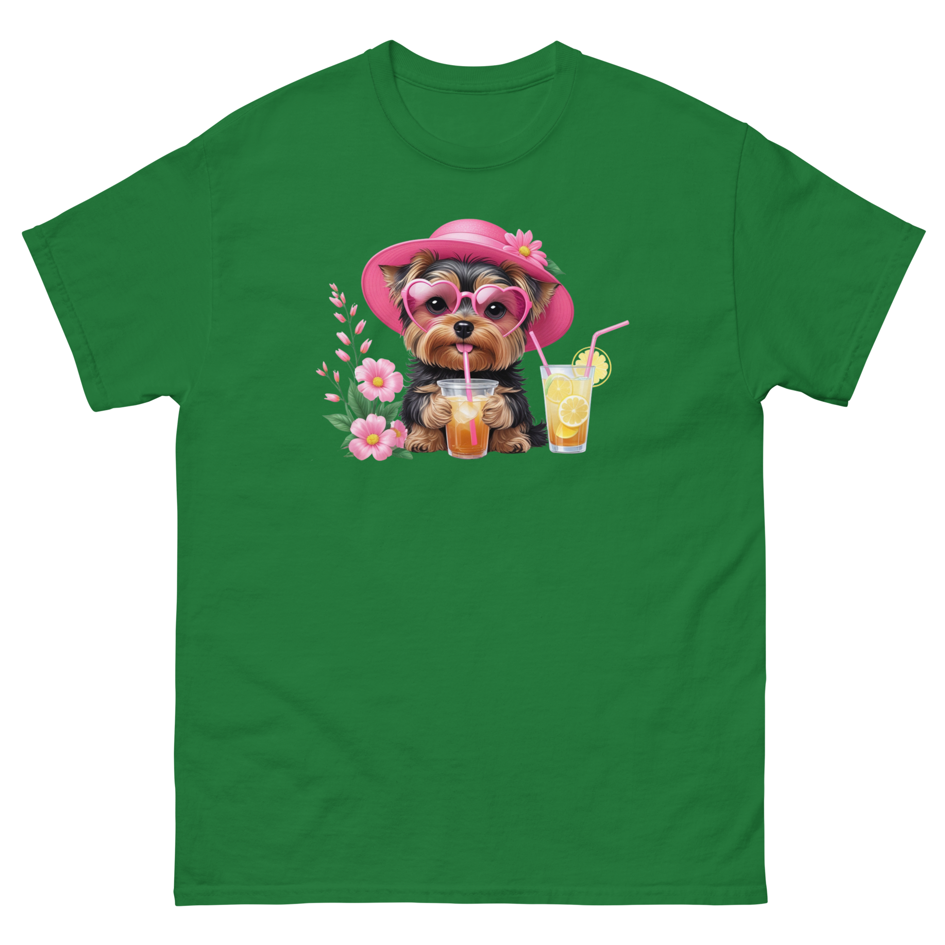 Yorkie Dog #1 Iced Tea Graphic Tee – Floral Summer PNG Print Shirt Women Tees Style Junction – Custom Digital Designs Turf Green S