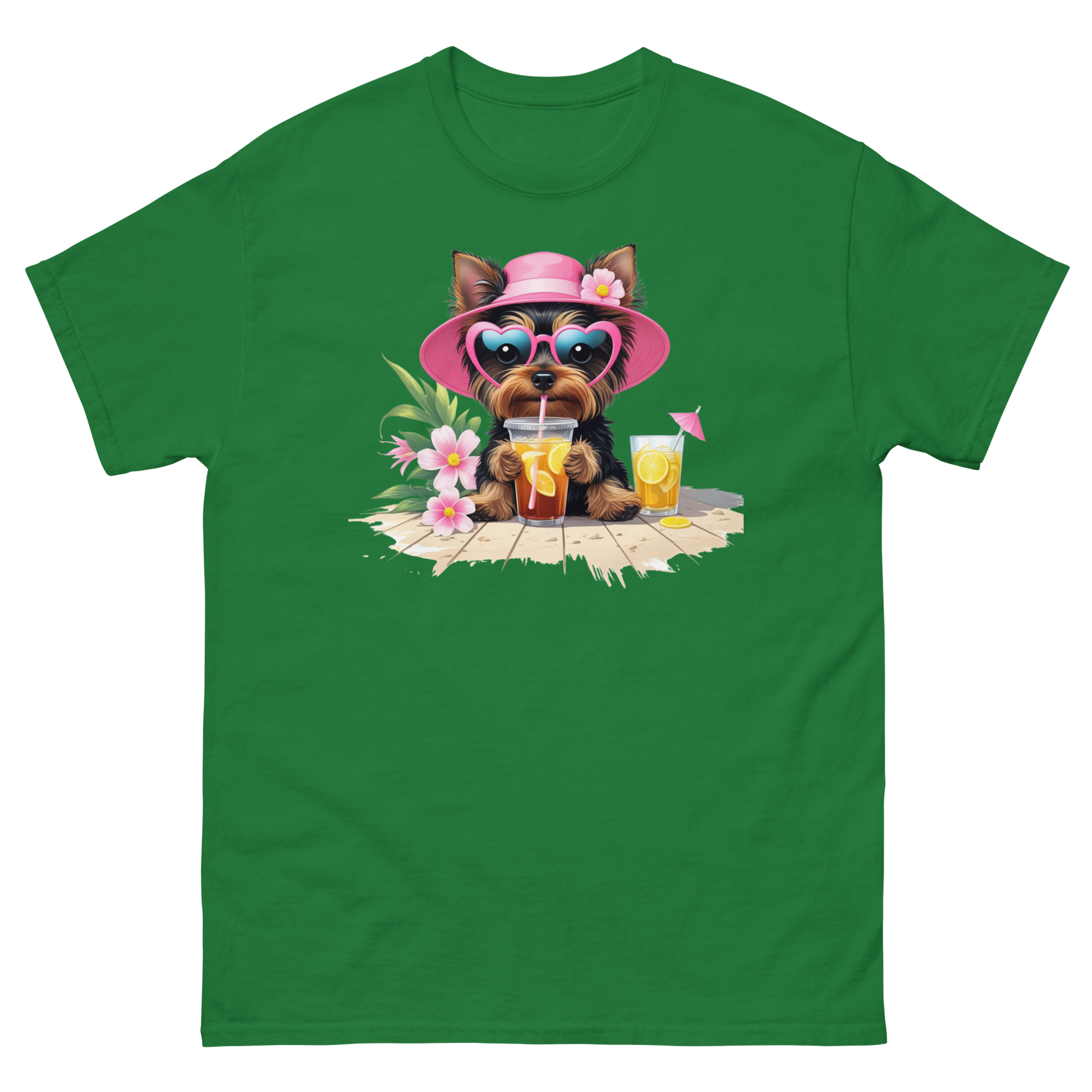 Yorkie Dog #3 Iced Tea Graphic Tee – Floral Summer PNG Print Shirt Women Tees Style Junction – Custom Digital Designs Turf Green S