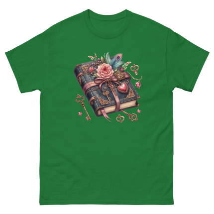 Vintage Rose Key Book Graphic Tee Women Tees Style Junction – Custom Digital Designs & Apparel Turf Green S