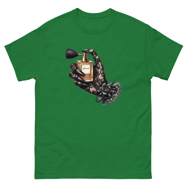 Gold Perfume Bottle Gothic Lace Tee Women Tees Style Junction – Custom Digital Designs & Apparel Turf Green S
