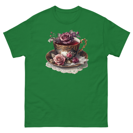 Romantic Teacup with Roses Art Tee Women Tees Style Junction – Custom Digital Designs & Apparel Turf Green S