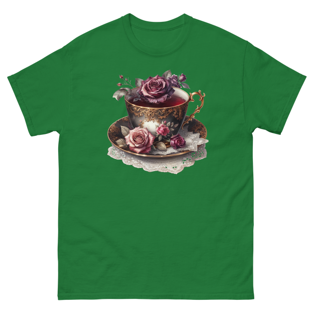 Romantic Teacup with Roses Art Tee Women Tees Style Junction – Custom Digital Designs & Apparel Turf Green S
