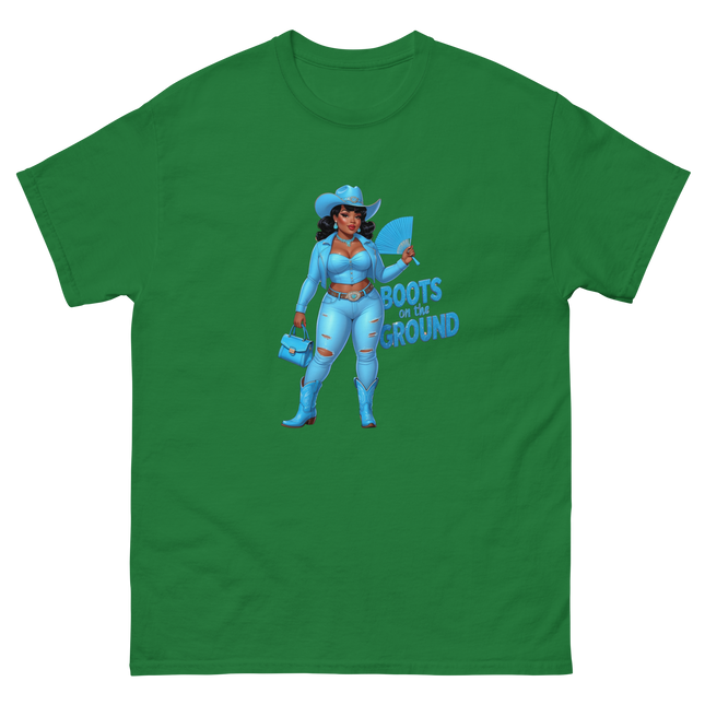 Boots on the Ground Tee – Light Blue Curvy Cowgirl Graphic #2 Women Tees Style Junction – Custom Digital Designs & Apparel Turf Green S