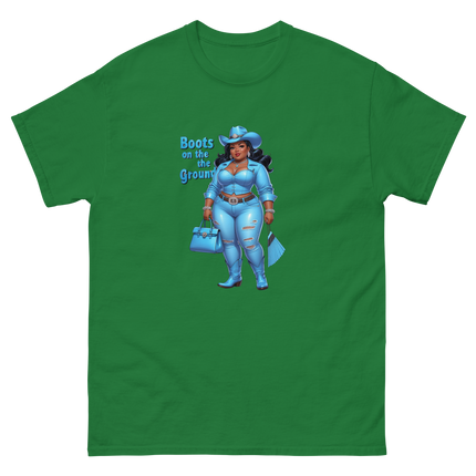 Boots on the Ground Tee – Light Blue Curvy Cowgirl Graphic #3 Women Tees Style Junction – Custom Digital Designs & Apparel Turf Green S