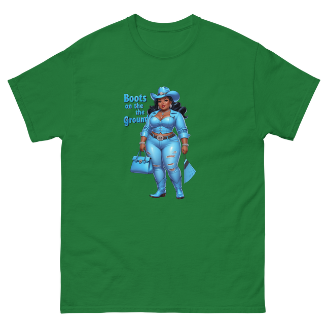 Boots on the Ground Tee – Light Blue Curvy Cowgirl Graphic #3 Women Tees Style Junction – Custom Digital Designs & Apparel Turf Green S
