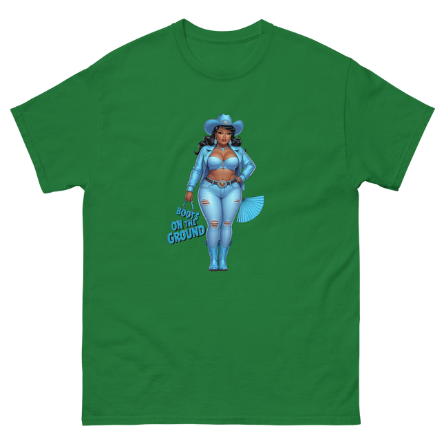 Boots on the Ground Tee – Light Blue Curvy Cowgirl Graphic #4 Women Tees Style Junction – Custom Digital Designs & Apparel Turf Green S