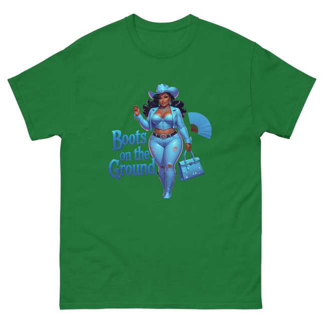 Boots on the Ground Tee – Light Blue Curvy Cowgirl Graphic #5 Women Tees Style Junction – Custom Digital Designs & Apparel Turf Green S