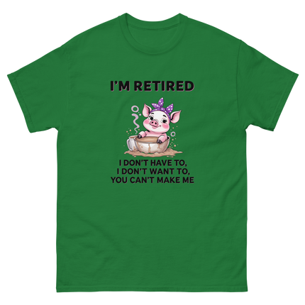 I'm Retired Tee – Funny Pig in Mug Graphic with Sassy Quote #2 Women Tees Style Junction – Custom Digital Designs & Apparel Turf Green S