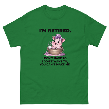 I'm Retired Tee – Funny Pig in Mug Graphic with Sassy Quote #5 Women Tees Style Junction – Custom Digital Designs & Apparel Turf Green S