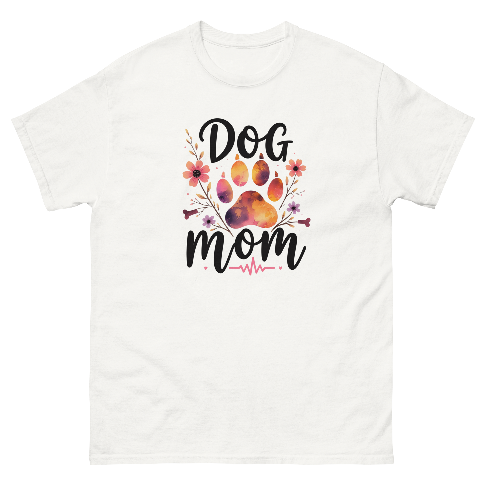 Dog Mom Sunset Floral T-Shirt – Heartbeat Paw Print Design Women Tees Style Junction – Custom Digital Designs & Apparel