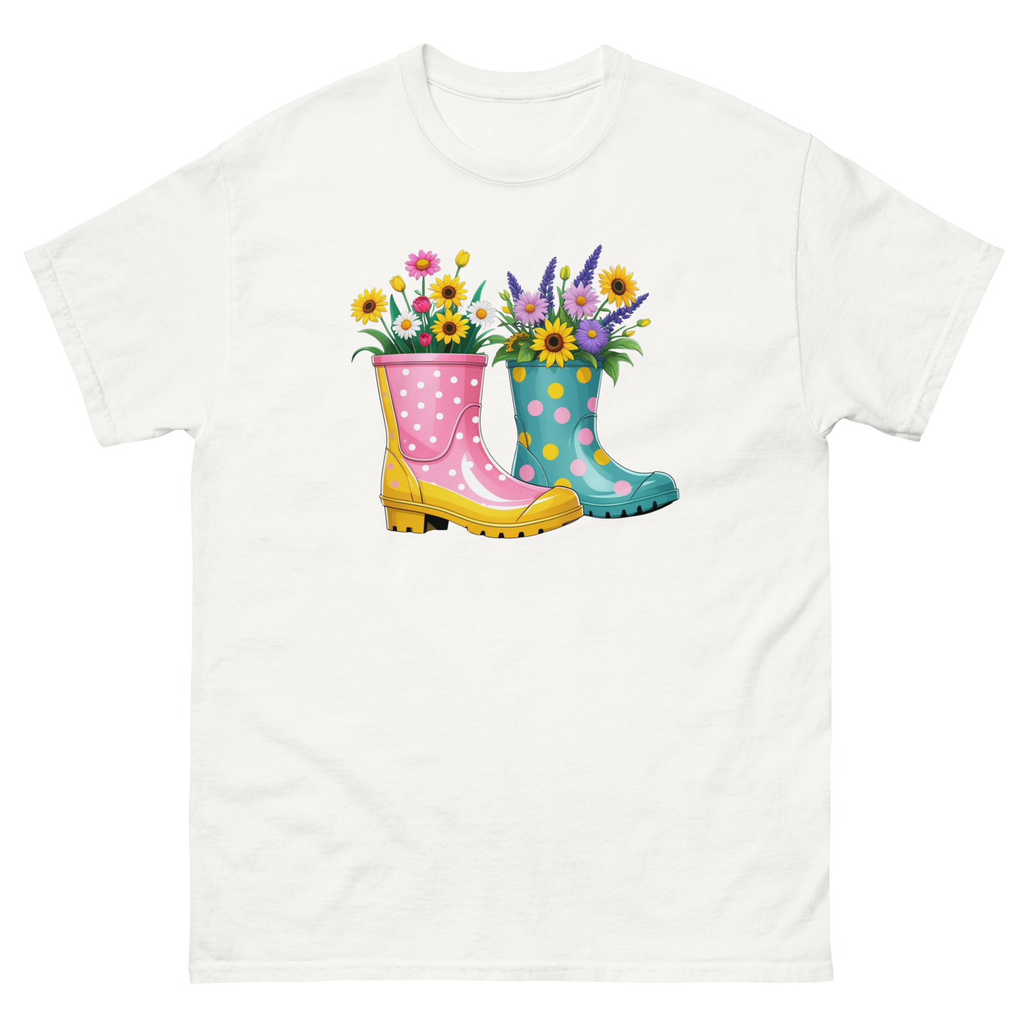 Floral Rain Boots Tee – Colorful Spring Garden PNG Design Women Tees Style Junction – Custom Digital Designs & Apparel