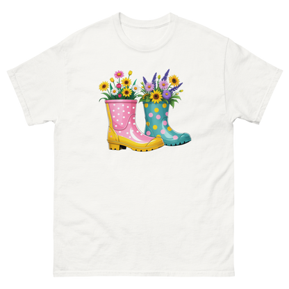 Floral Rain Boots Tee – Colorful Spring Garden PNG Design Women Tees Style Junction – Custom Digital Designs & Apparel