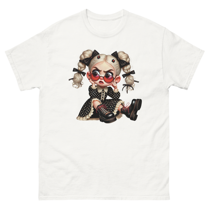 Sassy Blonde Pigtail Tee – Grumpy Doll in Polka Dot Dress Women Tees Style Junction – Custom Digital Designs & Apparel