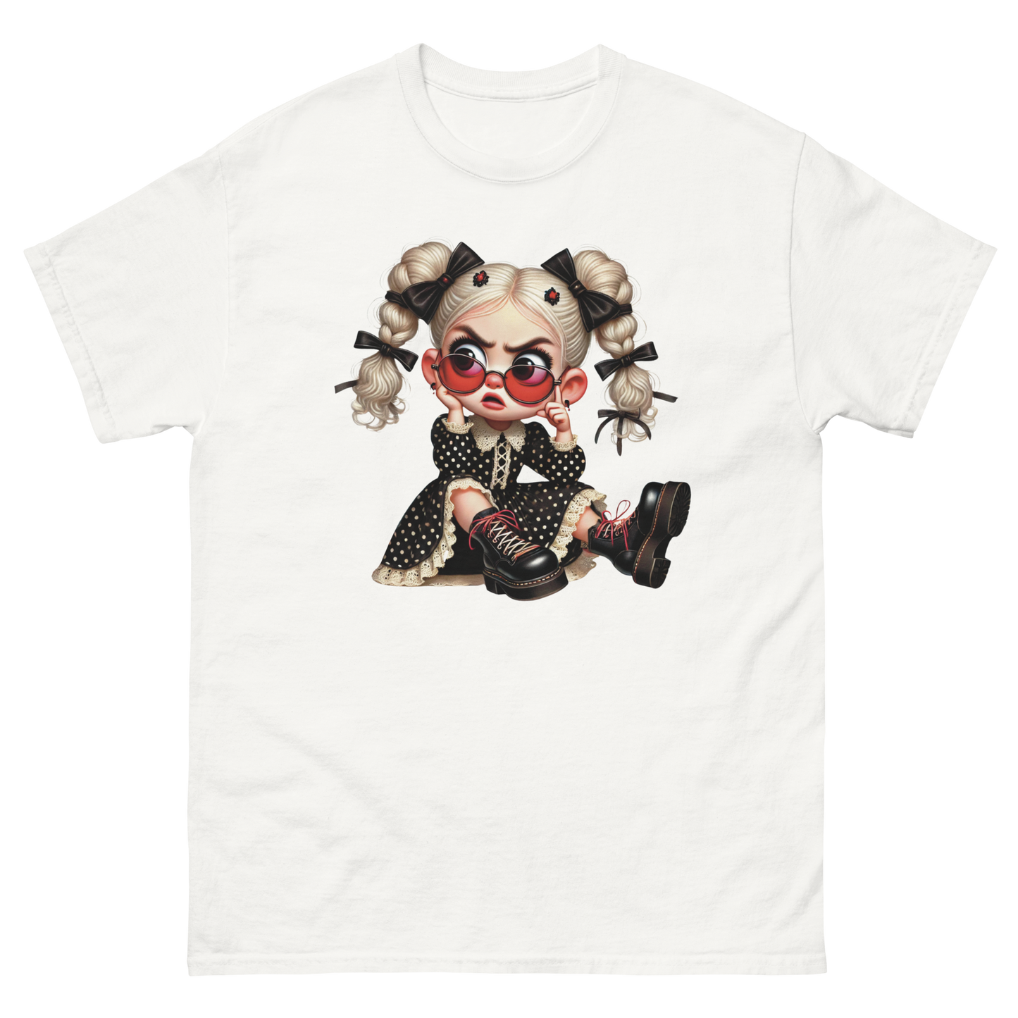 Sassy Blonde Pigtail Tee – Grumpy Doll in Polka Dot Dress Women Tees Style Junction – Custom Digital Designs & Apparel