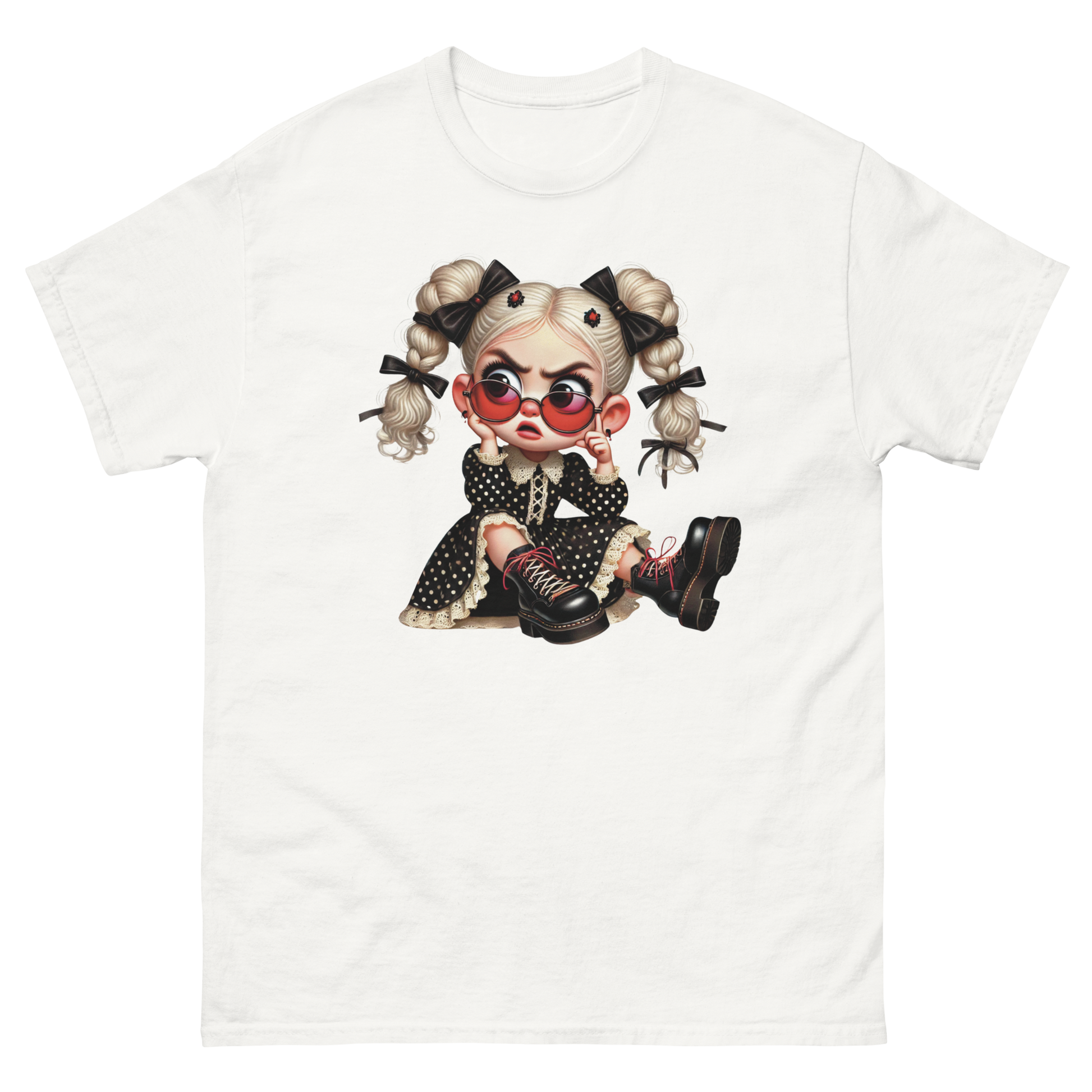 Sassy Blonde Pigtail Tee – Grumpy Doll in Polka Dot Dress Women Tees Style Junction – Custom Digital Designs & Apparel
