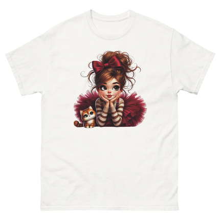 Cute Girl & Cat Tee – Red Tulle Skirt, Big Bow, Whimsical Style Women Tees Style Junction – Custom Digital Designs & Apparel