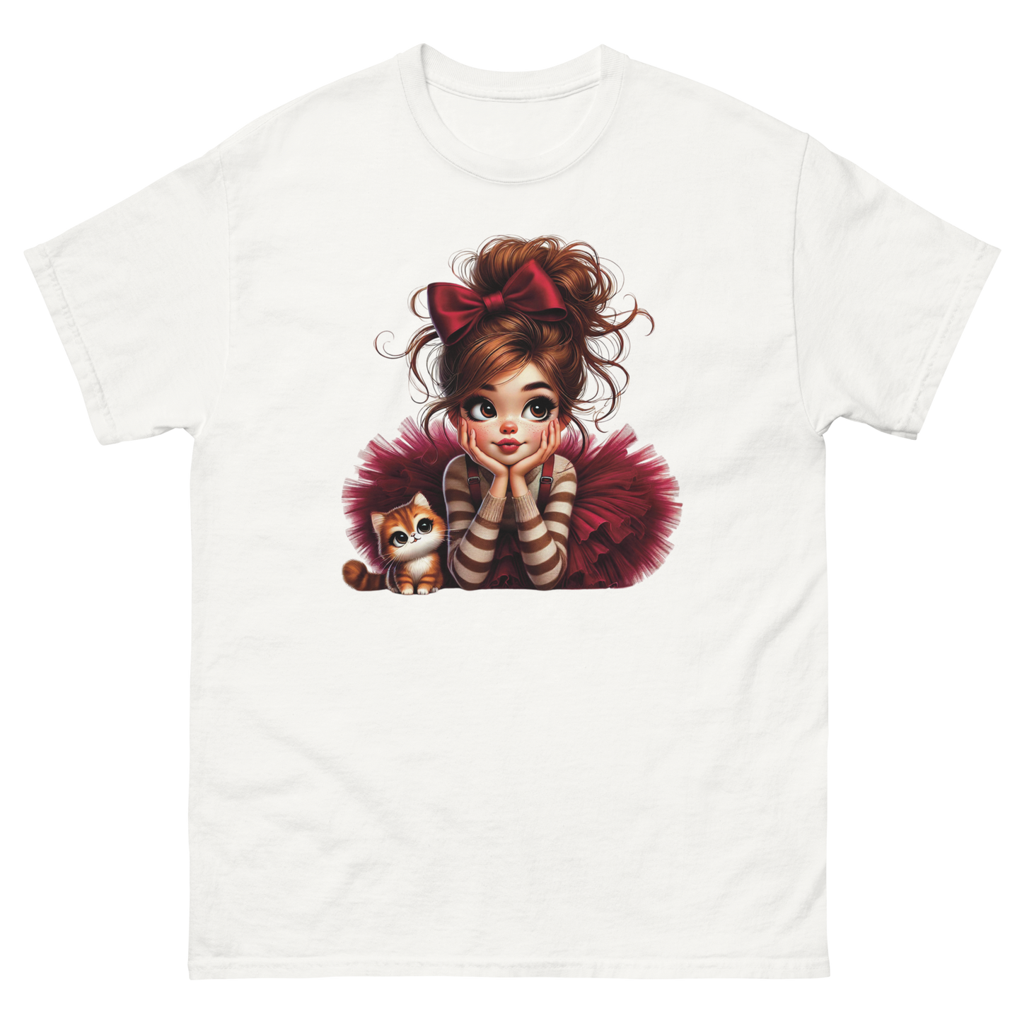 Cute Girl & Cat Tee – Red Tulle Skirt, Big Bow, Whimsical Style Women Tees Style Junction – Custom Digital Designs & Apparel
