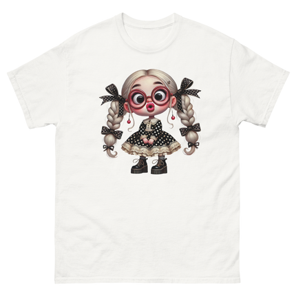 Polka Dot Girl Tee – Vintage Doll Style with Blonde Pigtails Women Tees Style Junction – Custom Digital Designs & Apparel