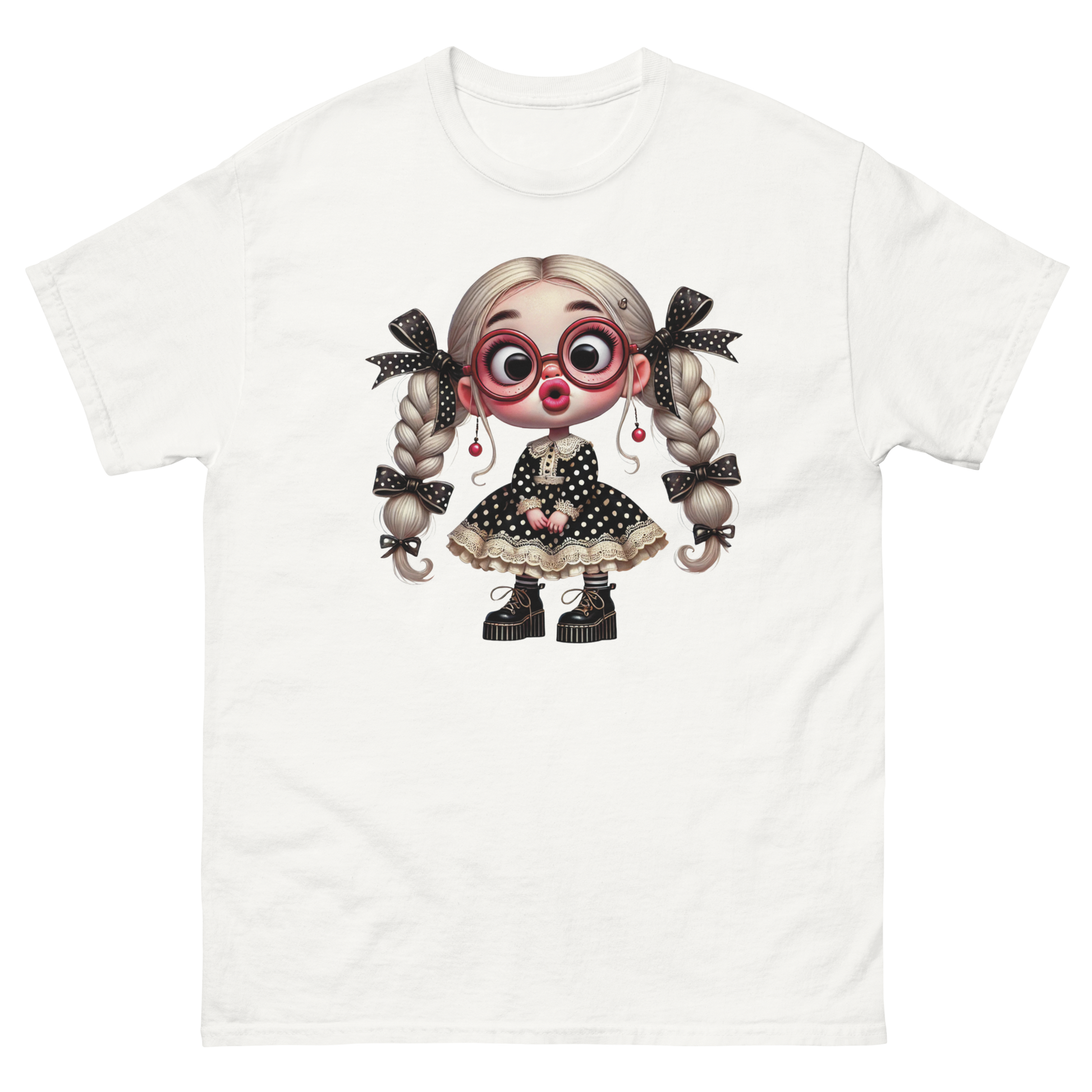 Polka Dot Girl Tee – Vintage Doll Style with Blonde Pigtails Women Tees Style Junction – Custom Digital Designs & Apparel