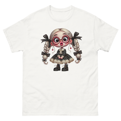 Polka Dot Girl Tee – Vintage Doll Style with Blonde Pigtails Women Tees Style Junction – Custom Digital Designs & Apparel
