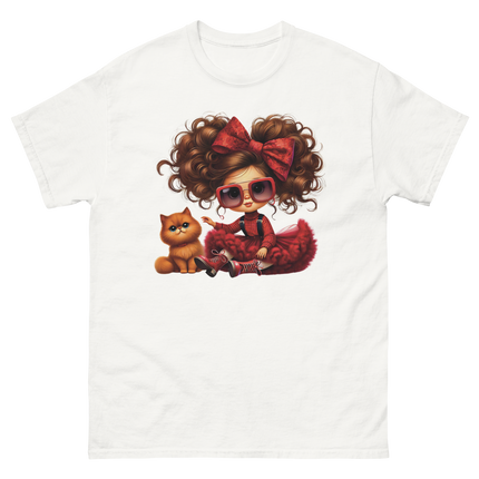 Curly Hair Girl & Cat Tee – Red Skirt & Bow Doll Style Graphic Women Tees Style Junction – Custom Digital Designs & Apparel