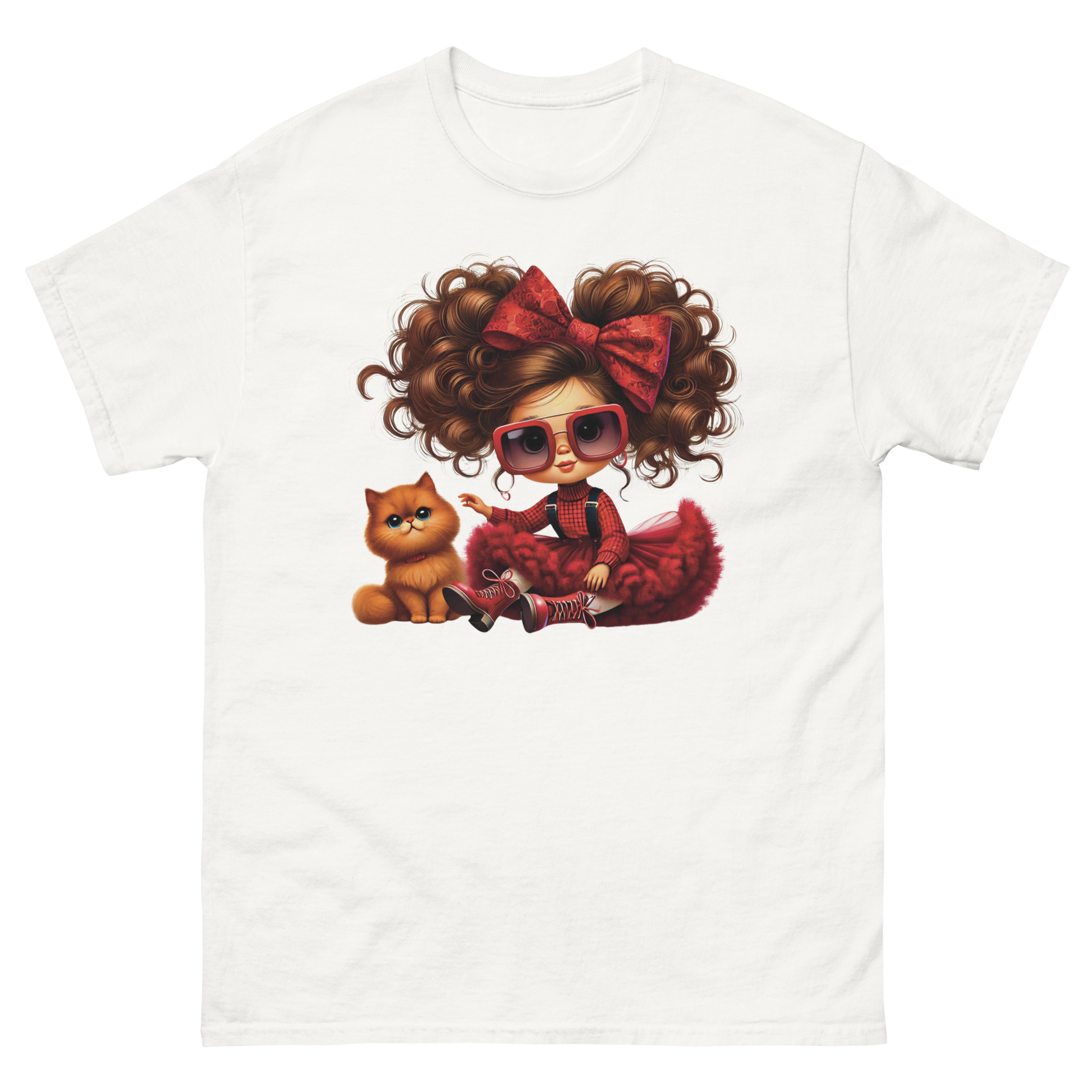 Curly Hair Girl & Cat Tee – Red Skirt & Bow Doll Style Graphic Women Tees Style Junction – Custom Digital Designs & Apparel
