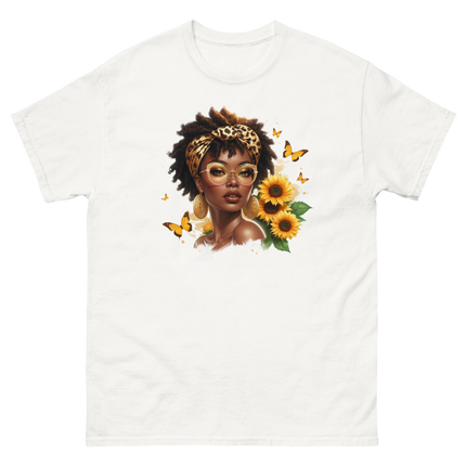 Afro Chic Sunflower Tee – Leopard Wrap & Butterfly Graphic Women Tees Style Junction – Custom Digital Designs & Apparel