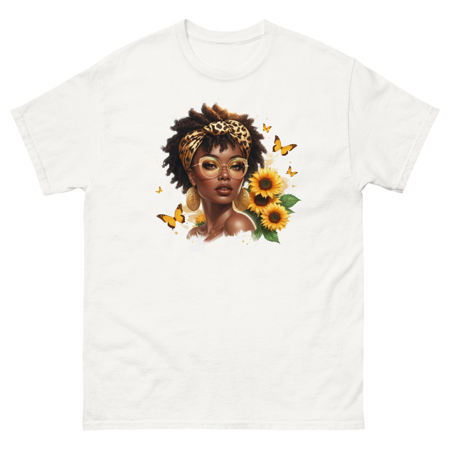 Afro Chic Sunflower Tee – Leopard Wrap & Butterfly Graphic Women Tees Style Junction – Custom Digital Designs & Apparel