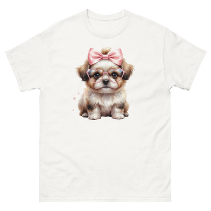 Fluffy Dog Tee – Pink Bow & Heart Glasses Pet Lover Graphic Women Tees Style Junction – Custom Digital Designs & Apparel