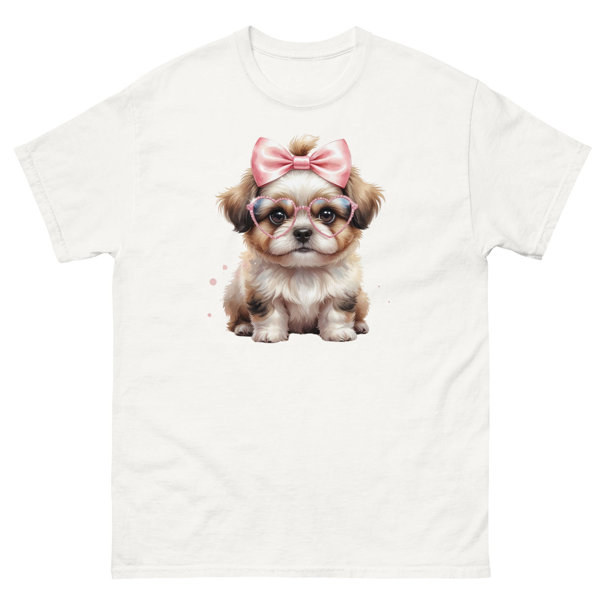 Fluffy Dog Tee – Pink Bow & Heart Glasses Pet Lover Graphic Women Tees Style Junction – Custom Digital Designs & Apparel