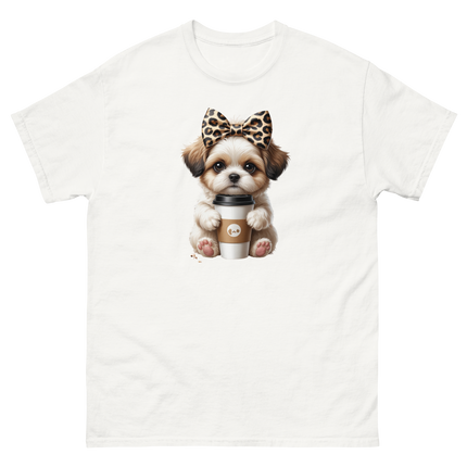 Leopard Bow Shih Tzu Tee – Cute Coffee Puppy Graphic Shirt Women Tees Style Junction – Custom Digital Designs & Apparel
