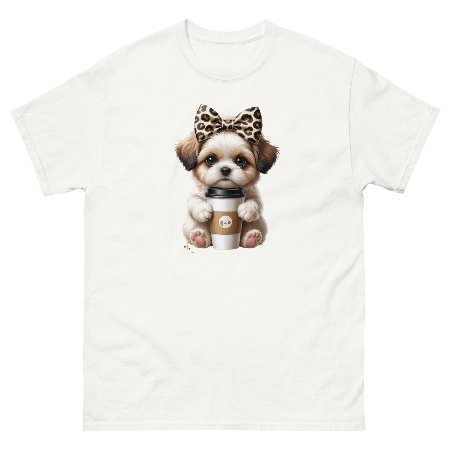 Leopard Bow Shih Tzu Tee – Cute Coffee Puppy Graphic Shirt Women Tees Style Junction – Custom Digital Designs & Apparel