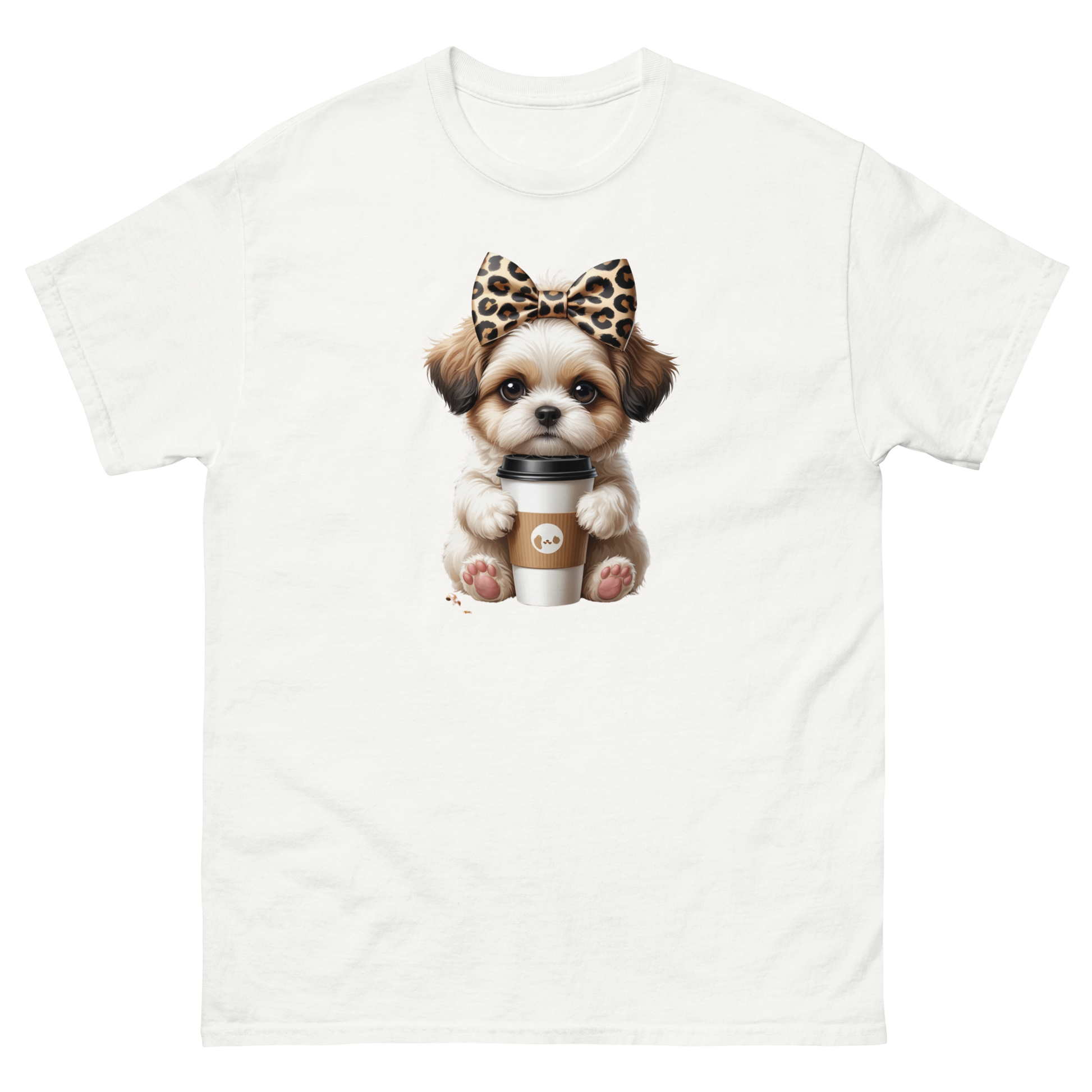 Leopard Bow Shih Tzu Tee – Cute Coffee Puppy Graphic Shirt Women Tees Style Junction – Custom Digital Designs & Apparel